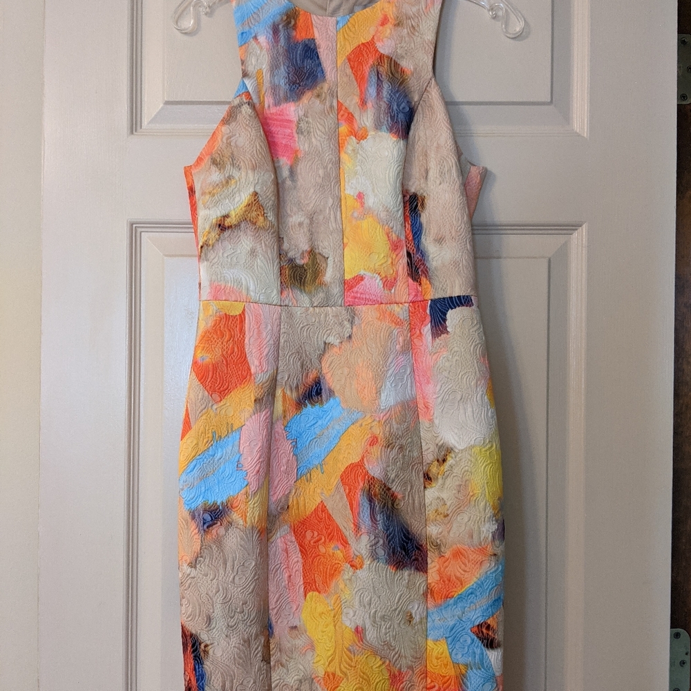 Sleeveless watercolor brocade sheath dress